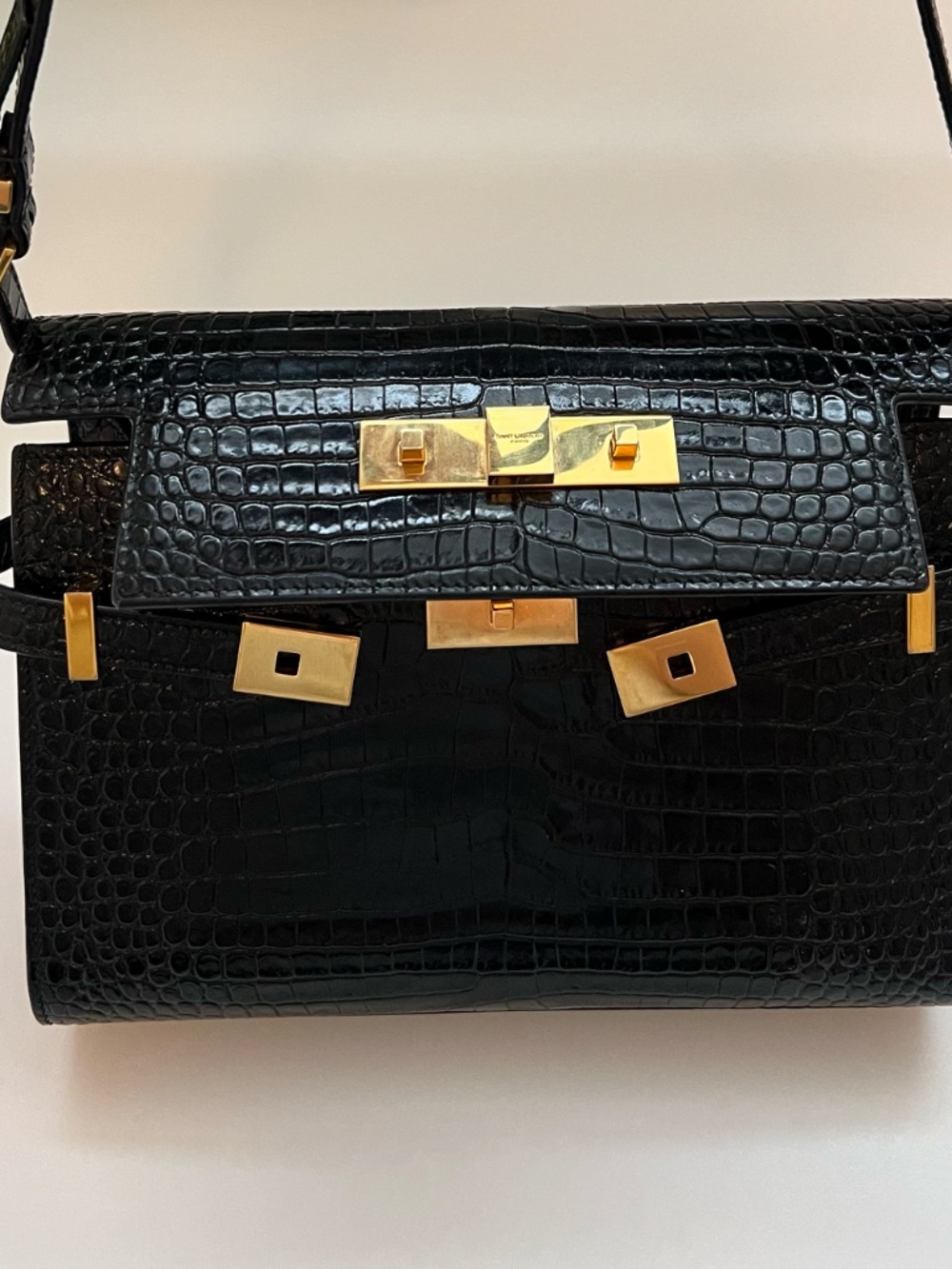 YSL Small Manhattan in Black Croc-Embossed Leather - Picture 2 of 16